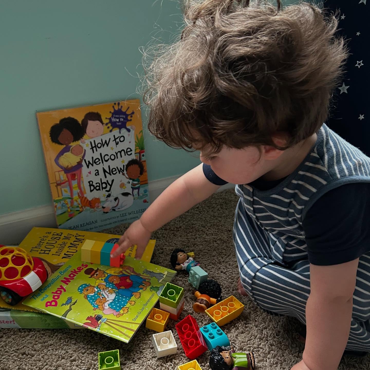 A toddler pointing at a stack of books and Lego blocks. The books have titles that include "How to Welcome a New Baby," "Baby Makes Five," (A Berenstain Bears book), and "There's a House Inside My Mummy."